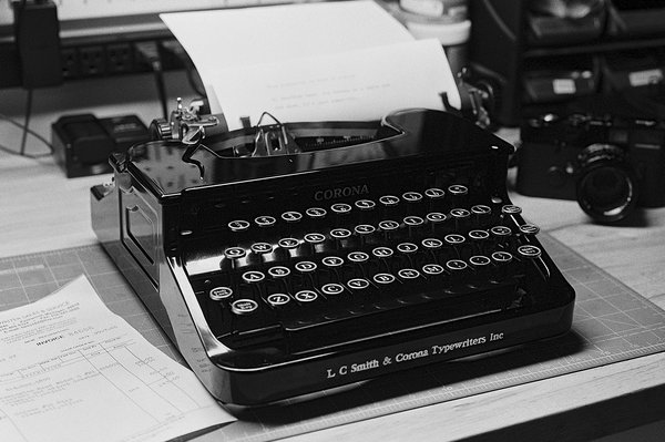 Black and white film photo of my Corona Standard typewriter