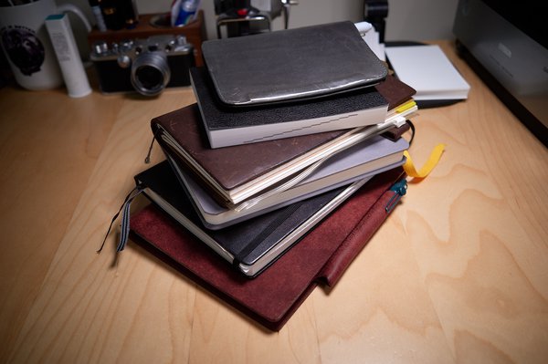 My pile of notebooks. Plotter, Leuchtturm, Baron Fig, Midori, Hobonichi, Field Notes.